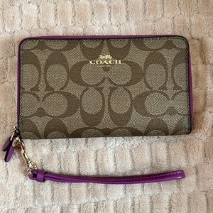 Coach Double Zip Wallet with Mauve Pink accent in Signature Coated Canvas